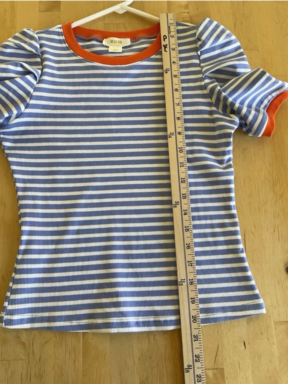 Anthropologie Striped Puff Sleeve Tee in Blue, White & Orange Trim - Picture 7 of 7
